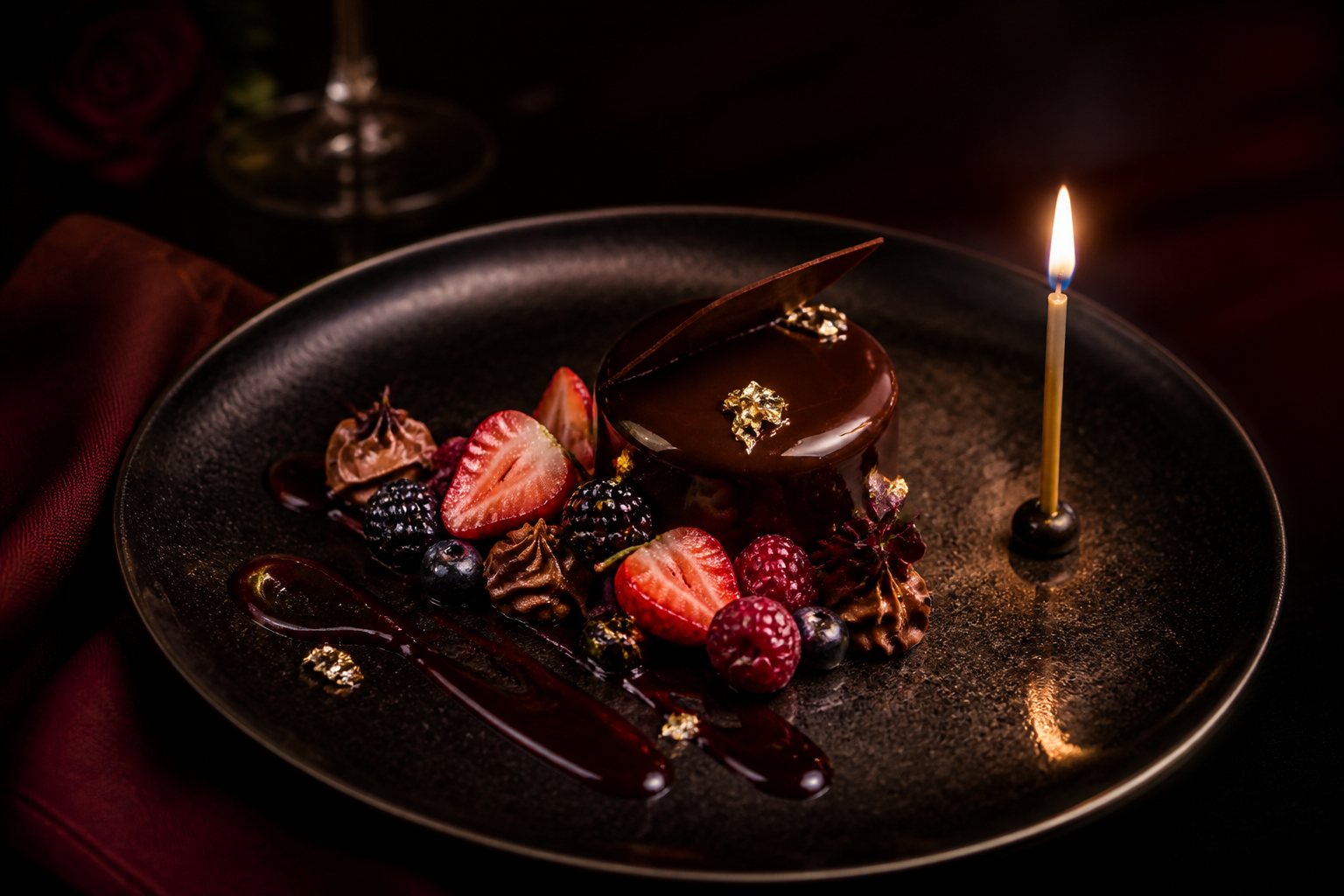 記念日スペシャルコースのデセール。ベリーとチョコレートの皿に小さなキャンドルと金箔
