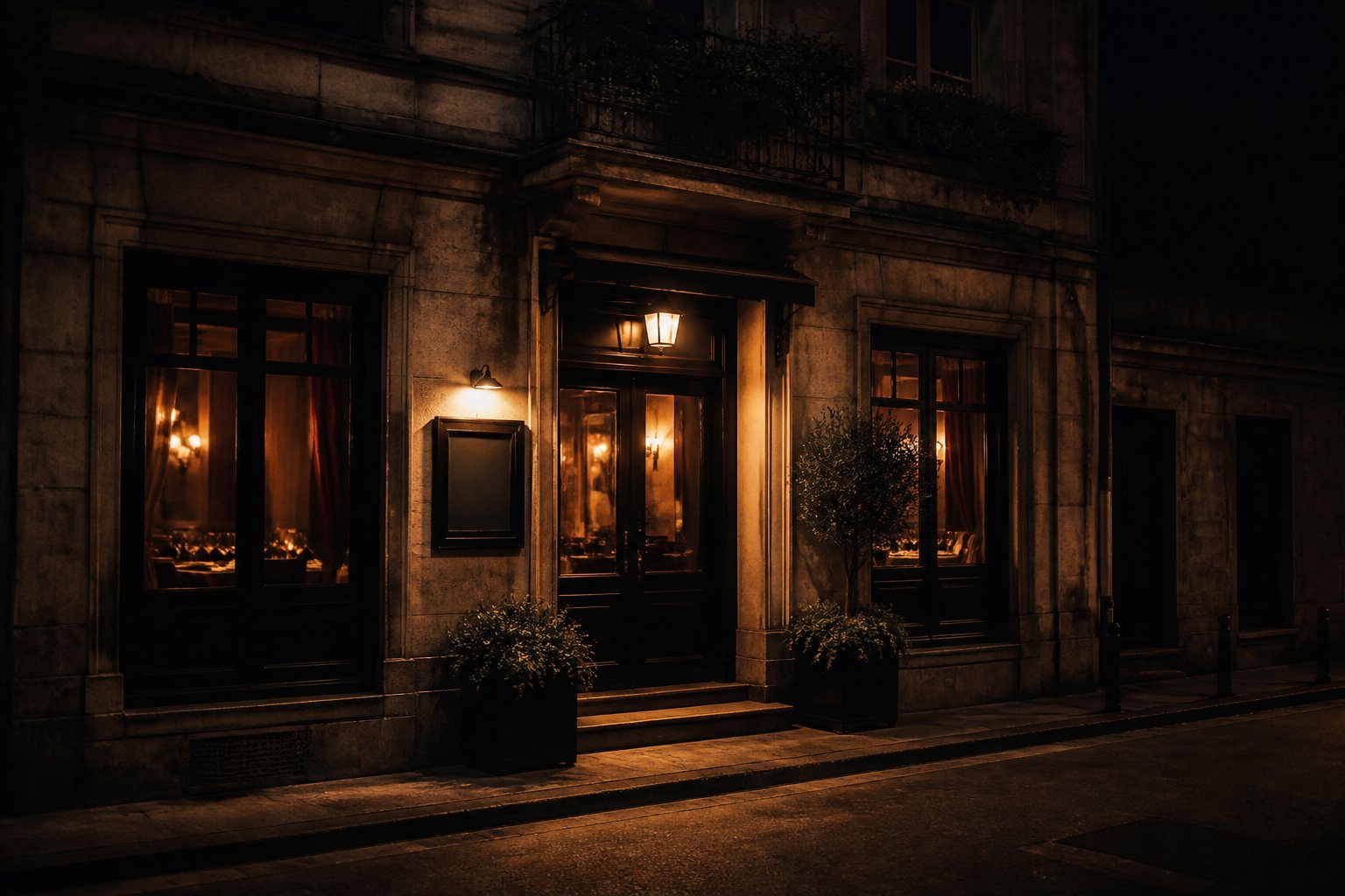夜の店舗外観。石造りのファサードから暖かな灯りが漏れる入口