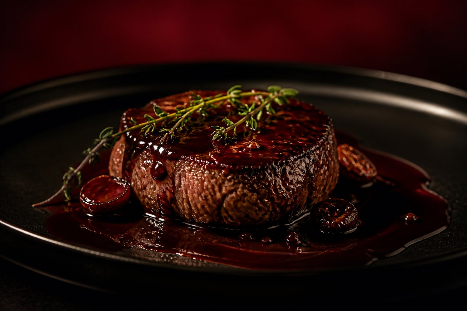キャンドルの灯りに浮かぶ牛フィレ肉のポワレ。赤ワインソースが艶やかに光る一皿